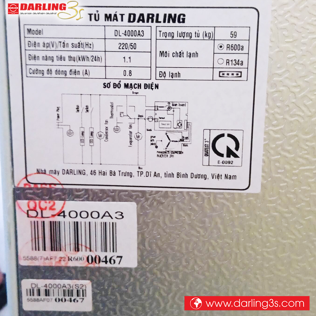 Thông số kỹ thuật tủ mát Darling DL-4000A3