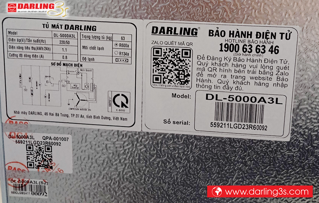 Thông số kỹ thuật tủ mát Darling DL-5000A3L