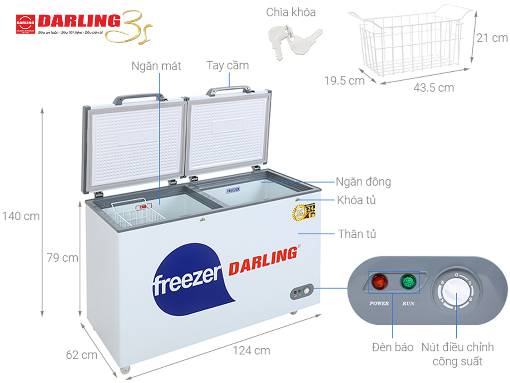 Kích thước tủ đông Darling DMF-3999W2