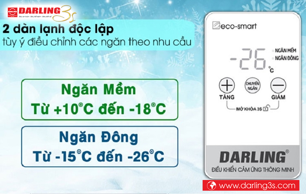 Tủ đông Darling 2 dàn lạnh độc lâp tuỳ ý điều chỉnh ngăn theo nhu cầu